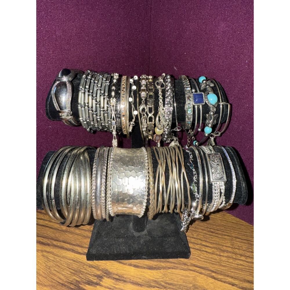 Vintage -mod Jewelry Lot Silver tone Cuff Clamper Bracelets Semi Precious 26 pc
